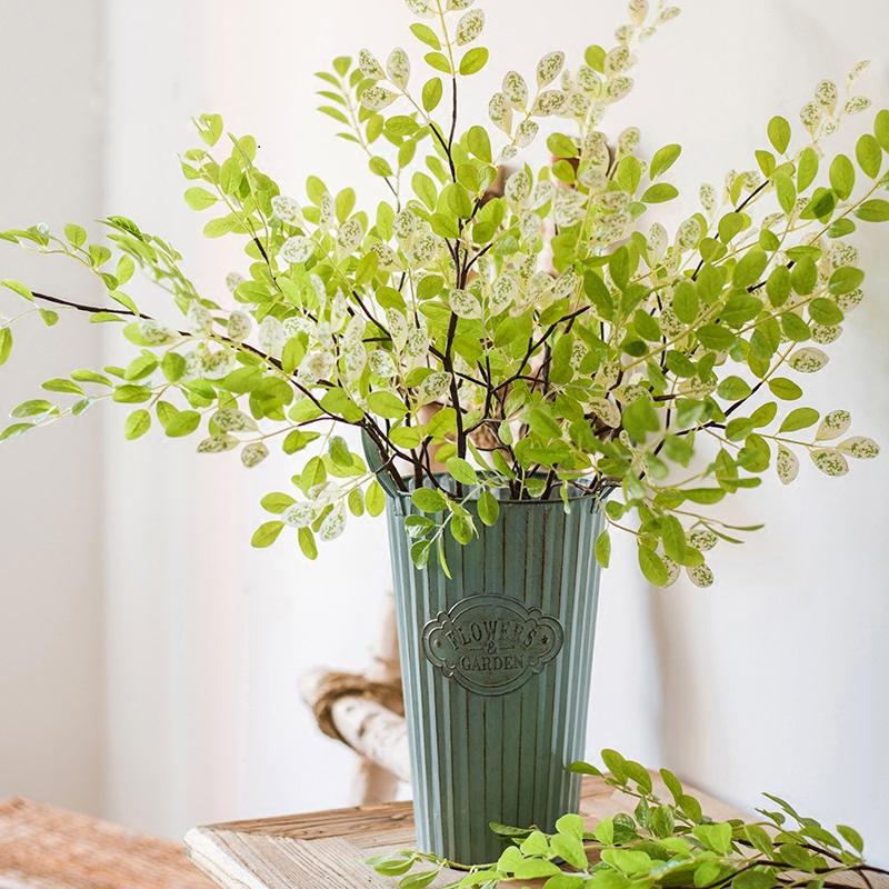 Artificial Faux Plant Fresh Spring Leaf Stem 37in tall with variegated leaves in teal metal vase on Tampa Home & Garden Store