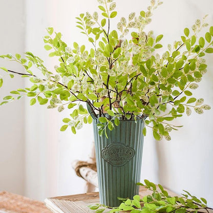 Artificial Faux Plant Fresh Spring Leaf Stem 37in tall with variegated leaves in teal metal vase on Tampa Home & Garden Store