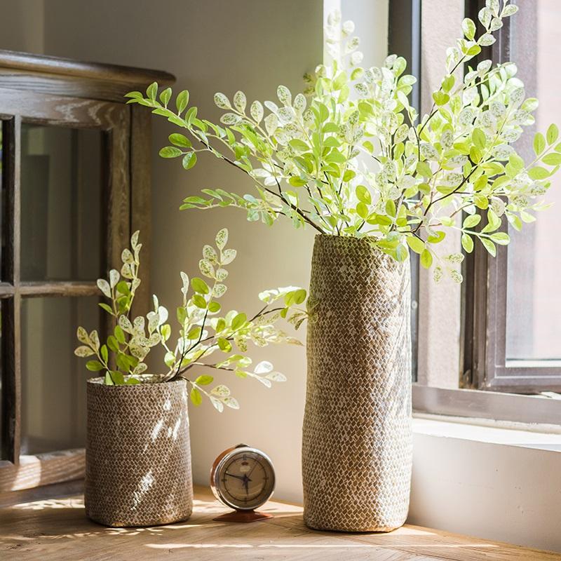 RusticReach artificial faux plant stems with fresh spring leaves in two woven vases 37in tall on Tampa Home & Garden Store