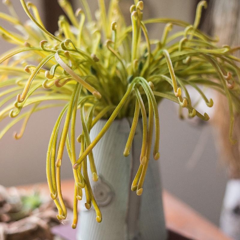 Artificial Sarracenia stem, 12 in, yellow-green drooping tubular leaves in ribbed vase on Tampa Home & Garden Store