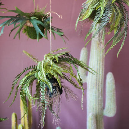 Artificial Hanging Fern Plant by RusticReach green faux ferns in black pot with twine hanger on Tampa Home & Garden Store