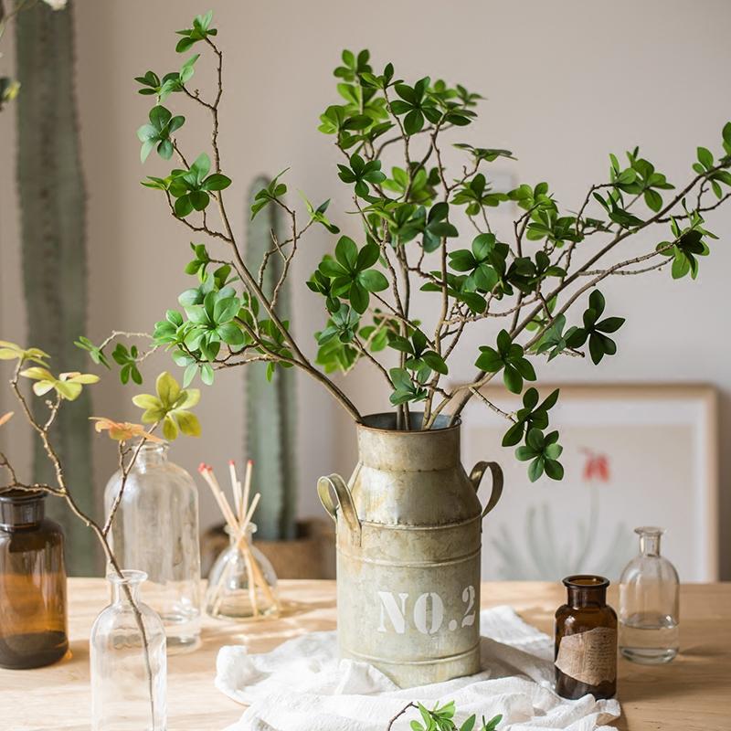 Artificial faux Japanese Zen leaf stem, 34in tall, in a rustic metal pitcher by RusticReach on Tampa Home & Garden Store