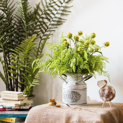 Artificial Oba Fern Stem 18in tall in a galvanized pitcher with fronds and yellow blooms on Tampa Home & Garden Store