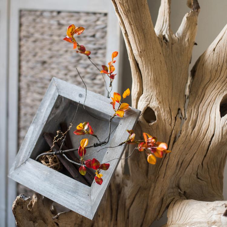 Artificial Plant Red Vine Leaf Stem Faux in a planter with orange-red leaves on driftwood on Tampa Home & Garden Store