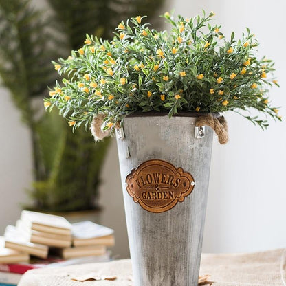 Silk orchid stem set in yellow, 13 inches tall in a rustic galvanized metal planter on Tampa Home & Garden Store