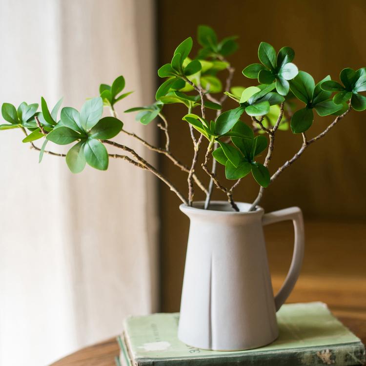 Artificial Japanese Zen leaf stem, 18 in tall, green leaves gray ceramic pitcher by RusticReach on Tampa Home & Garden Store