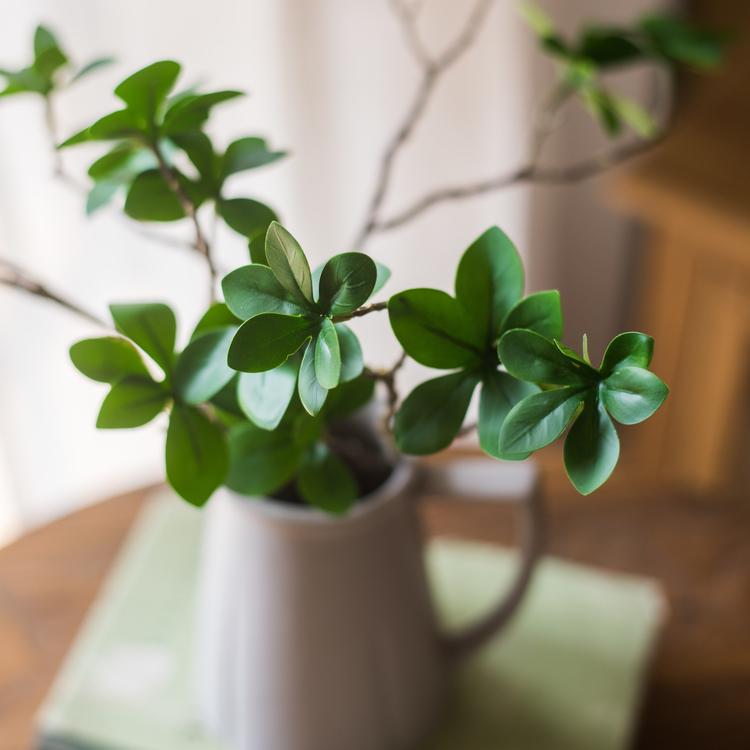 Artificial Faux Japanese Zen Leaf Stem 18in tall with green leaves in a gray pot on Tampa Home & Garden Store