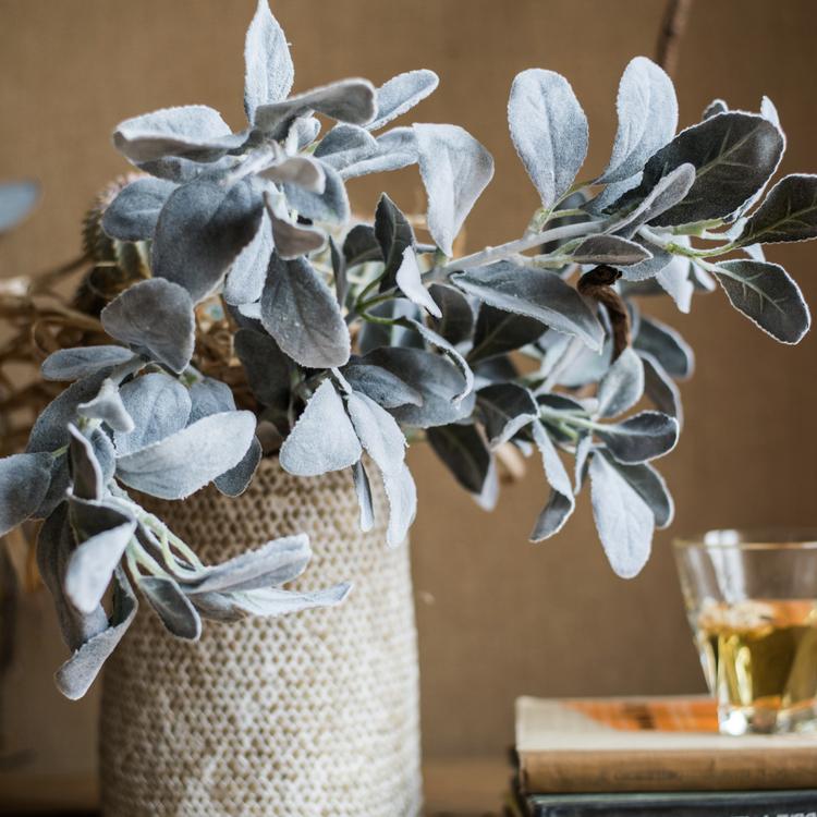 RusticReach artificial Wild Leaf Stem in a woven vase with frosted blue-gray leaves on Tampa Home & Garden Store