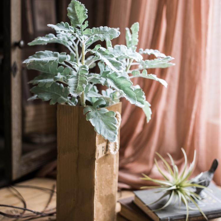 Artificial Faux Plant Wild Leaf Stem RusticReach in dusty green leaves in a rustic wood planter on Tampa Home & Garden Store