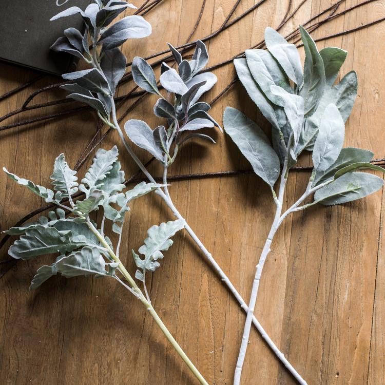 Artificial Faux Plant Wild Leaf Stem, RusticReach, dusty sage-green leaves, two stems on Tampa Home & Garden Store