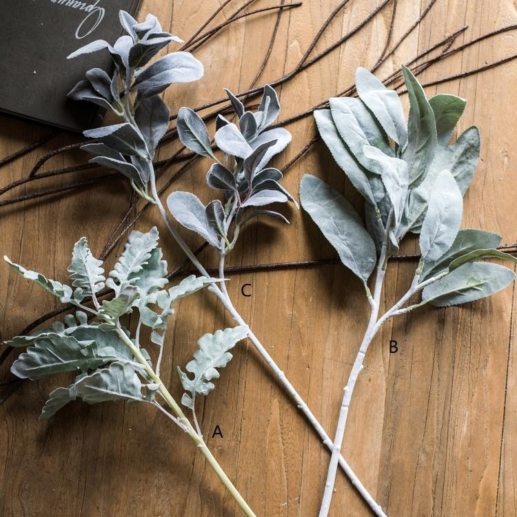 Artificial Wild Leaf Stem by RusticReach; three frosted gray-green stems with dusty foliage on wood surface on Tampa Home & Garden Store