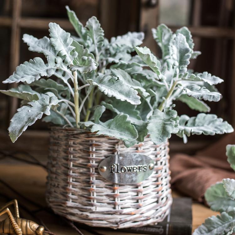 Artificial Wild Leaf Stem faux plant wicker basket with gray-green leaves on Tampa Home & Garden Store