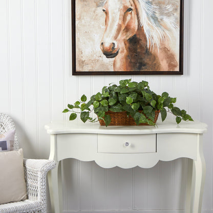 Pothos w/Ledge Basket artificial plant with green leaves in wicker basket by Nearly Natural on Tampa Home & Garden Store