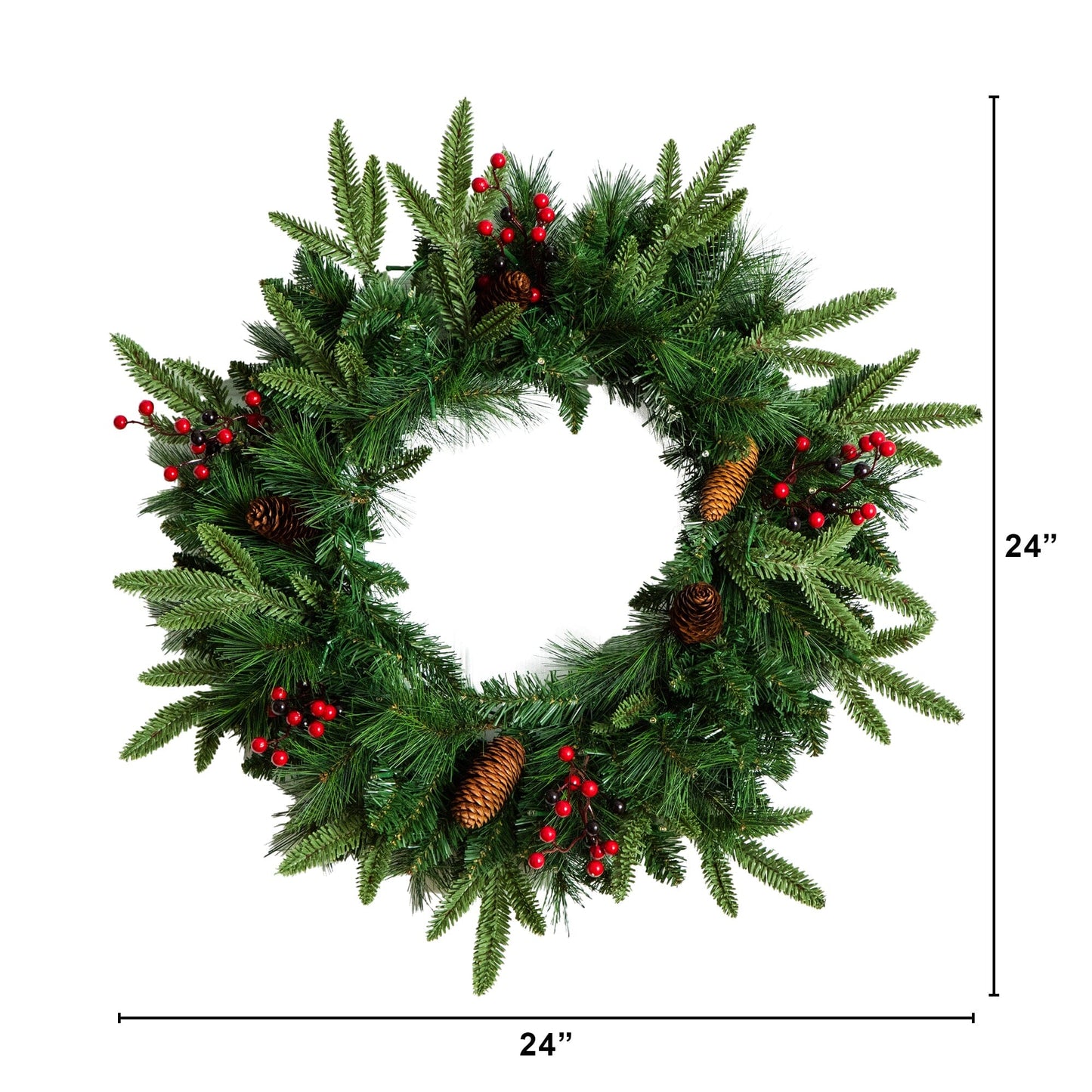Nearly Natural pre-lit artificial Christmas wreath with pinecones and red berries on Tampa Home & Garden Store
