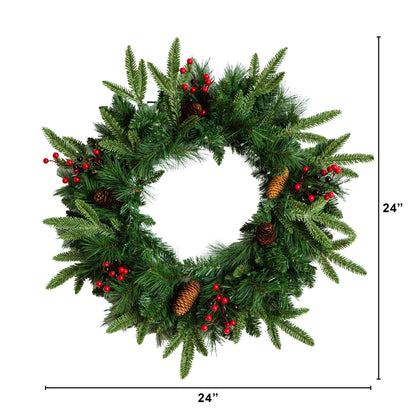 Nearly Natural pre-lit artificial Christmas wreath with pinecones and red berries on Tampa Home & Garden Store