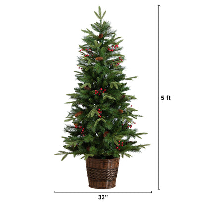 Nearly Natural 5 ft pre-lit artificial Christmas tree in wicker basket with pinecones and red berries on Tampa Home & Garden Store