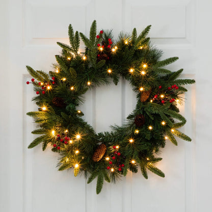 Pre-lit artificial Christmas garland with pinecones and red berries, warm white lights, 9-ft on Tampa Home & Garden Store