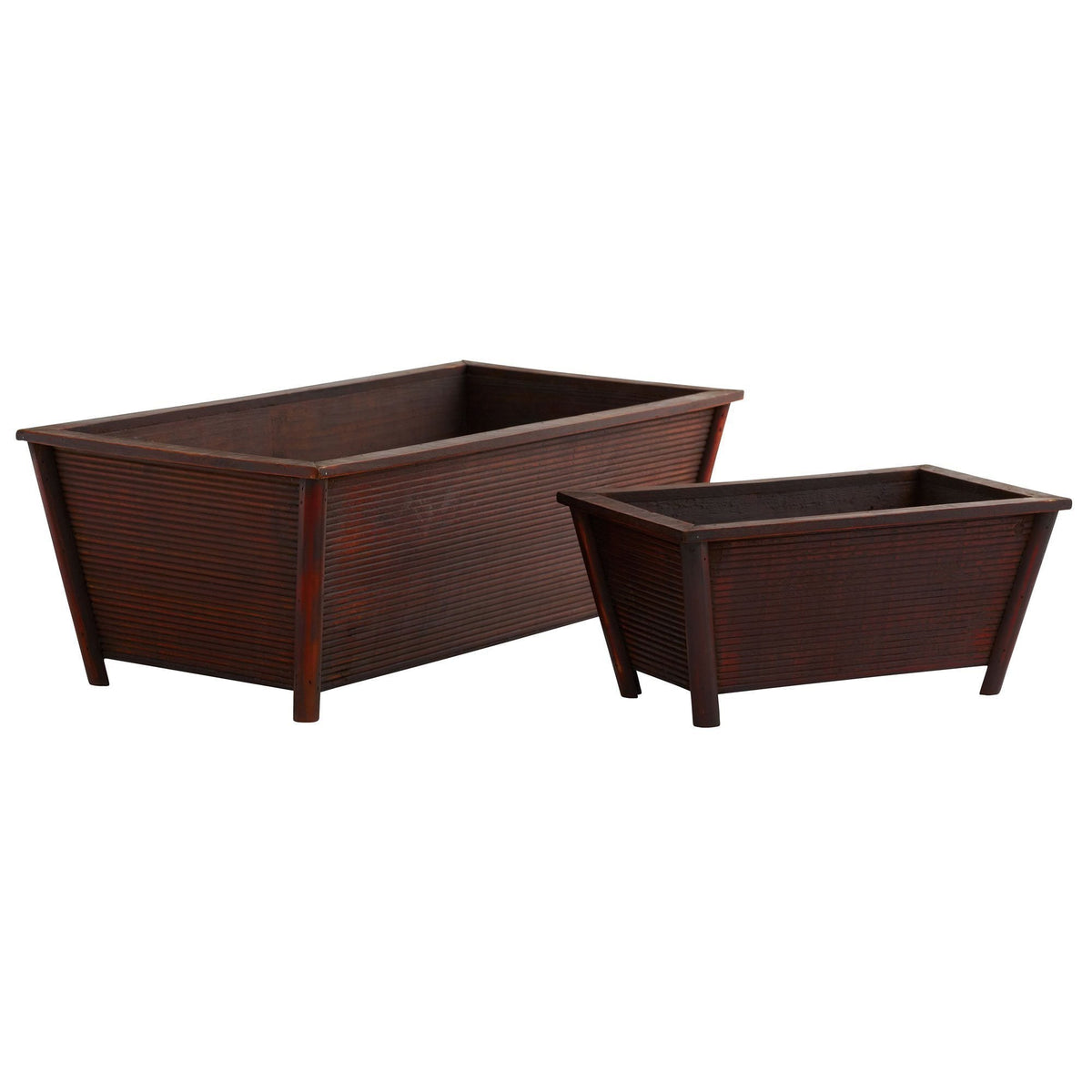 Rectangle planters set of 2 in dark brown wood finish with ribbed sides and elevated legs on Tampa Home & Garden Store