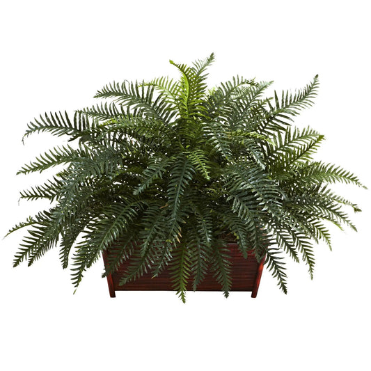 River Fern with Wood Planter decor accent Nearly Natural artificial green fronds in planter on Tampa Home & Garden Store