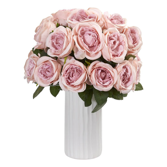 Rose artificial arrangement in white vase with pink blooms Nearly Natural on Tampa Home & Garden Store