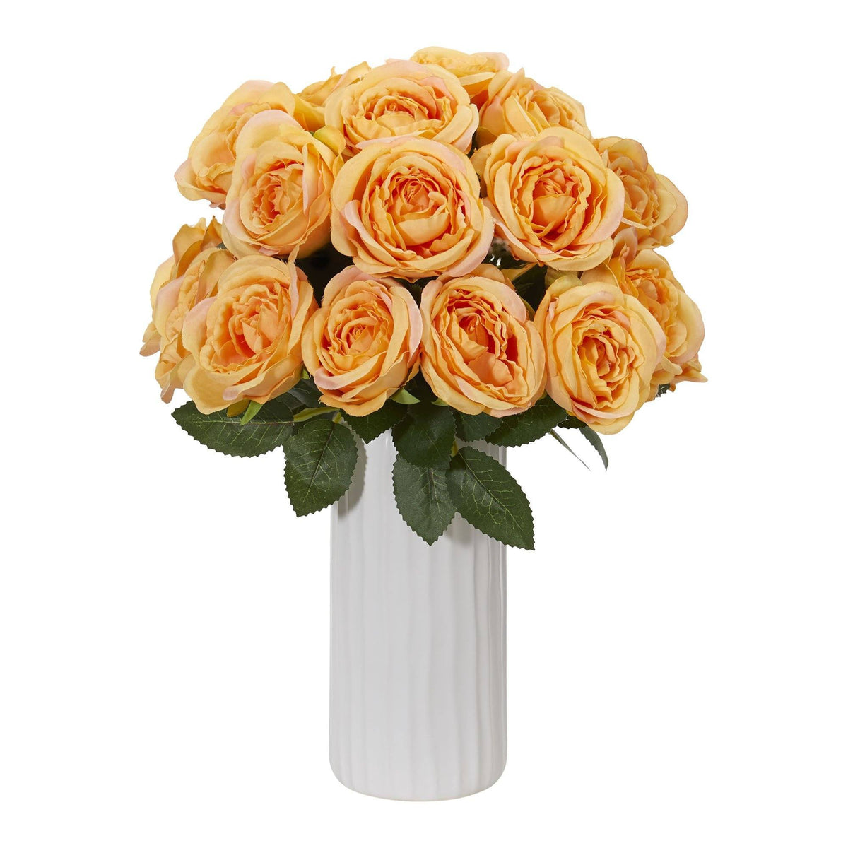 Rose artificial arrangement in white vase with peach roses and green leaves, Nearly Natural on Tampa Home & Garden Store
