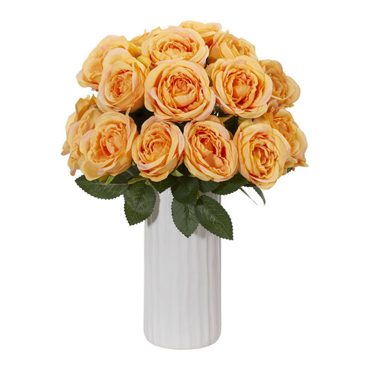 Rose artificial arrangement in white vase with peach roses and green leaves, Nearly Natural on Tampa Home & Garden Store