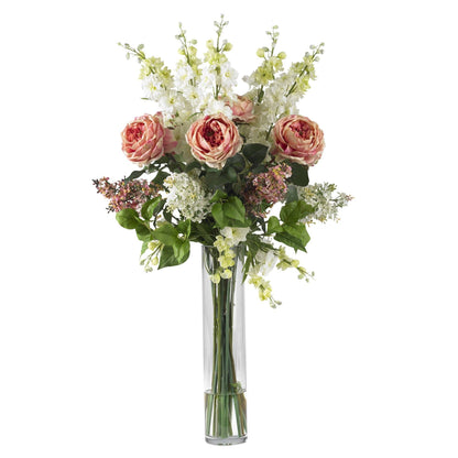 Silk flower arrangement with pink roses, white delphiniums and lilac blooms in a vase on Tampa Home & Garden Store