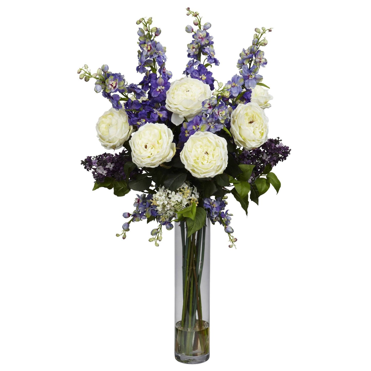 Rose Delphinium Lilac Silk Arrangement with white roses and purple delphiniums in a glass vase on Tampa Home & Garden Store