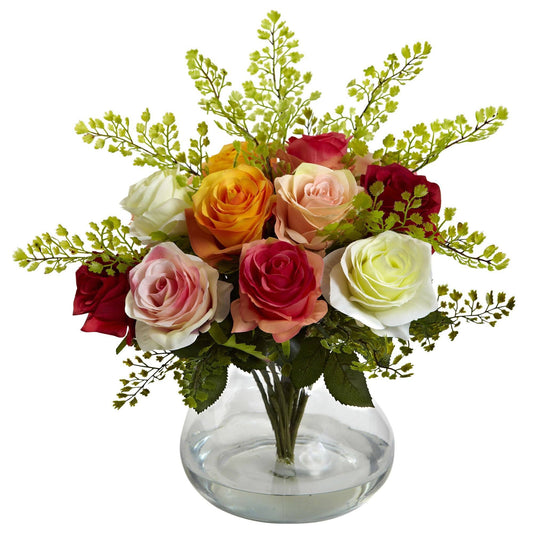 Rose & Maiden Hair Arrangement in glass vase with orange pink and white roses and greenery on Tampa Home & Garden Store