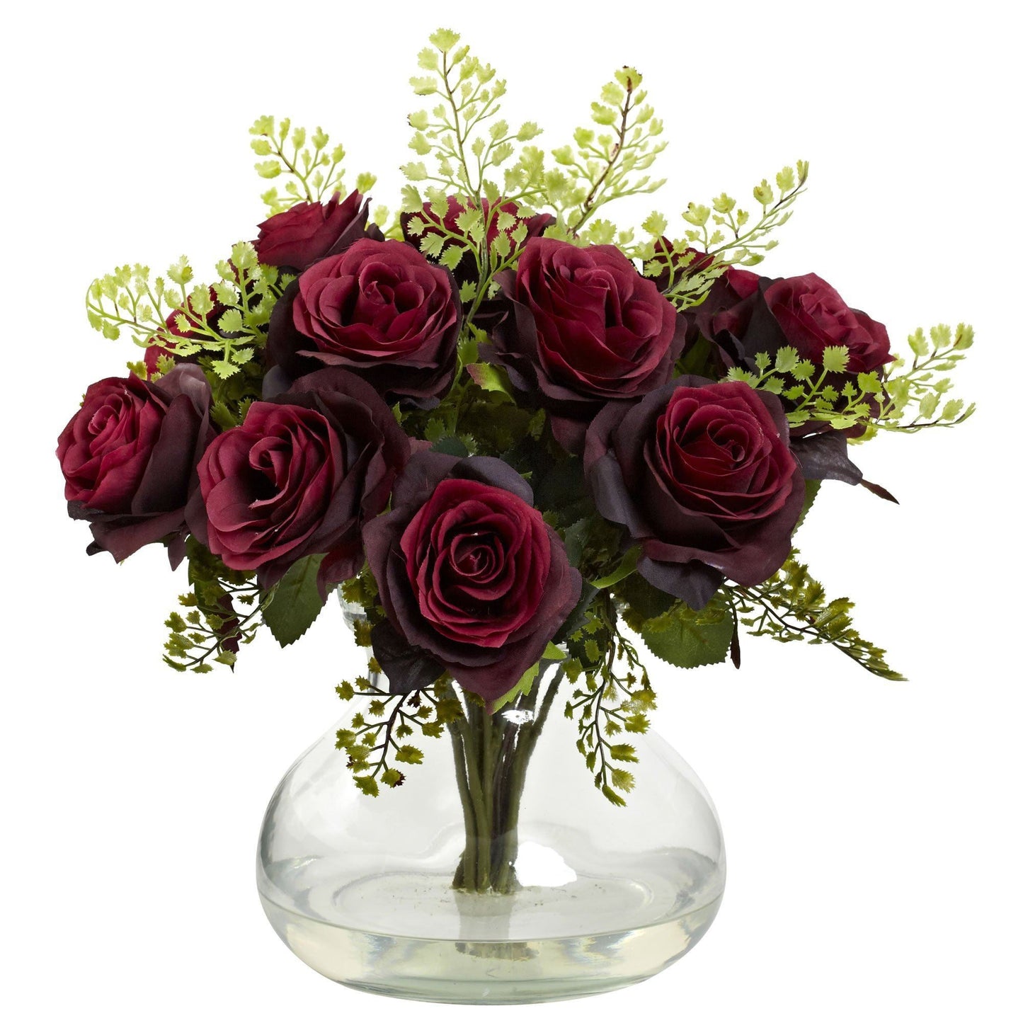 Rose & Maiden Hair arrangement by Nearly Natural in glass vase with burgundy roses on Tampa Home & Garden Store