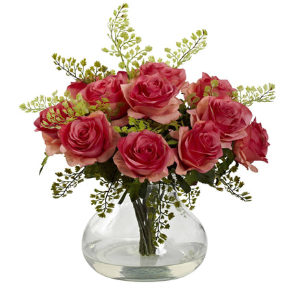 Rose & Maiden Hair Arrangement with Vase by Nearly Natural, pink roses with green filler greenery on Tampa Home & Garden Store