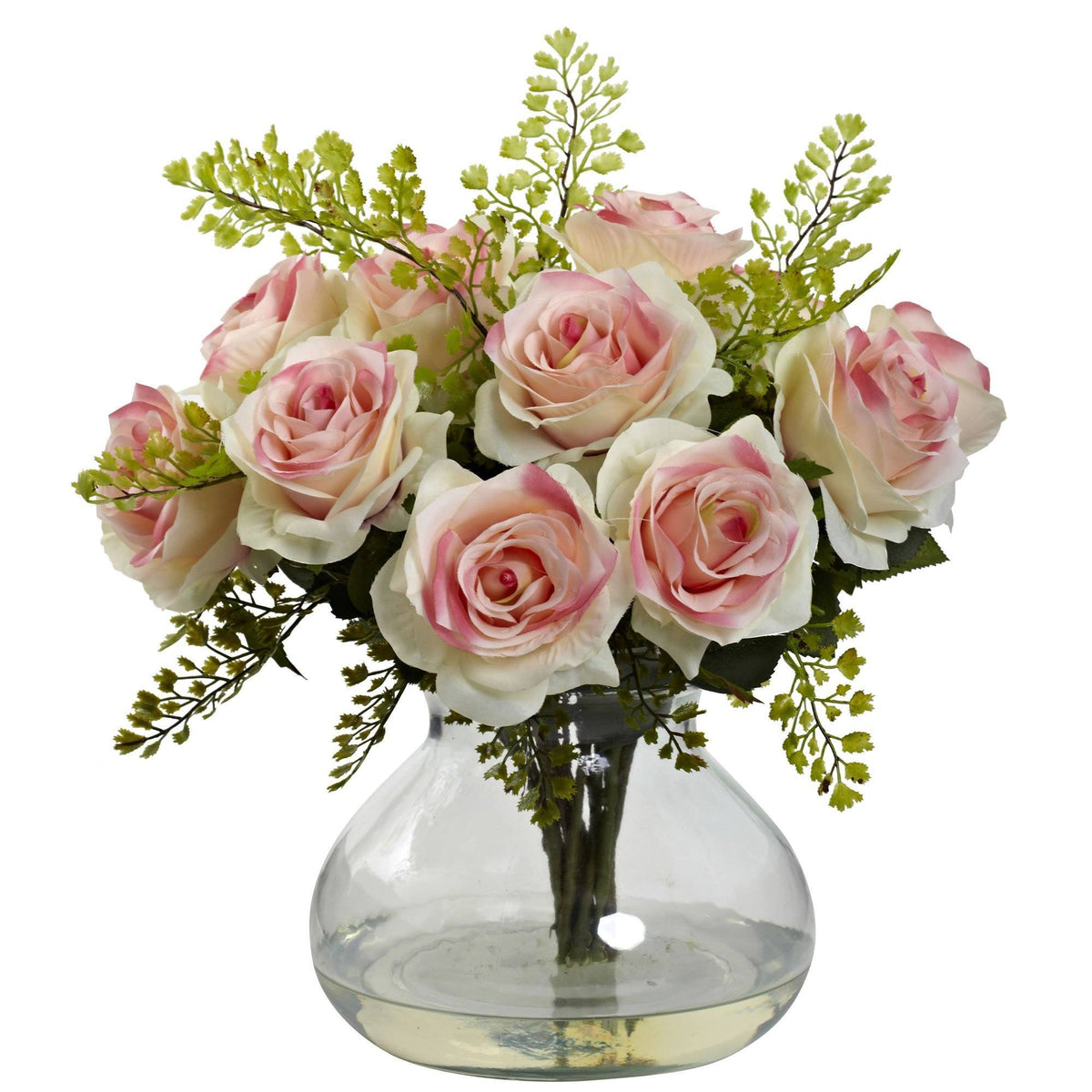 Rose & Maiden Hair Arrangement in Vase with pink-cream roses and green foliage Nearly Natural on Tampa Home & Garden Store