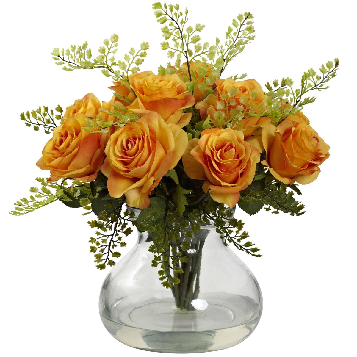 Rose & Maiden Hair Arrangement orange roses with green fern in a clear glass vase on Tampa Home & Garden Store