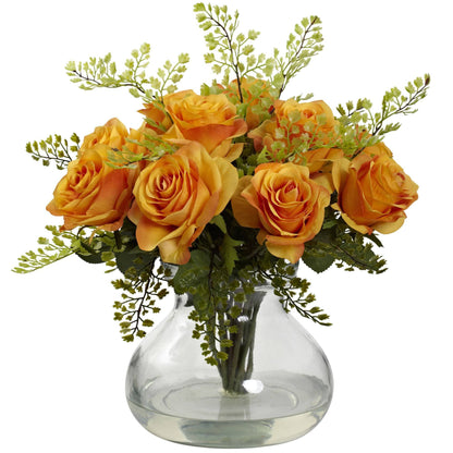 Rose & Maiden Hair Arrangement orange roses with green fern in a clear glass vase on Tampa Home & Garden Store