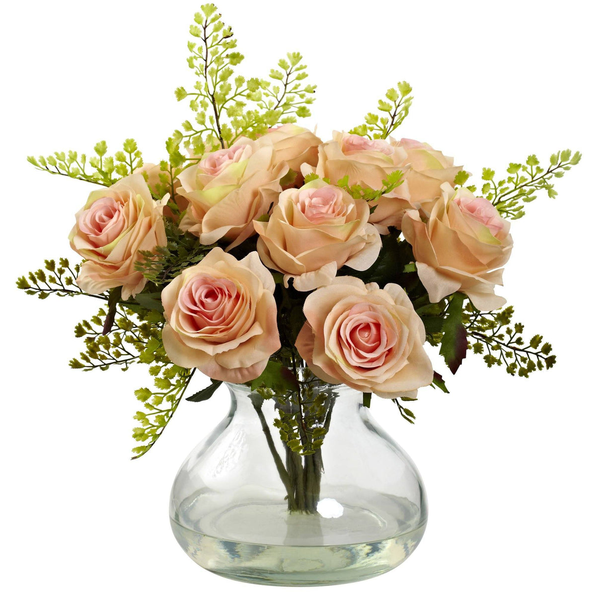 Rose & Maiden Hair arrangement in a clear vase with peach roses and green filler Nearly Natural on Tampa Home & Garden Store