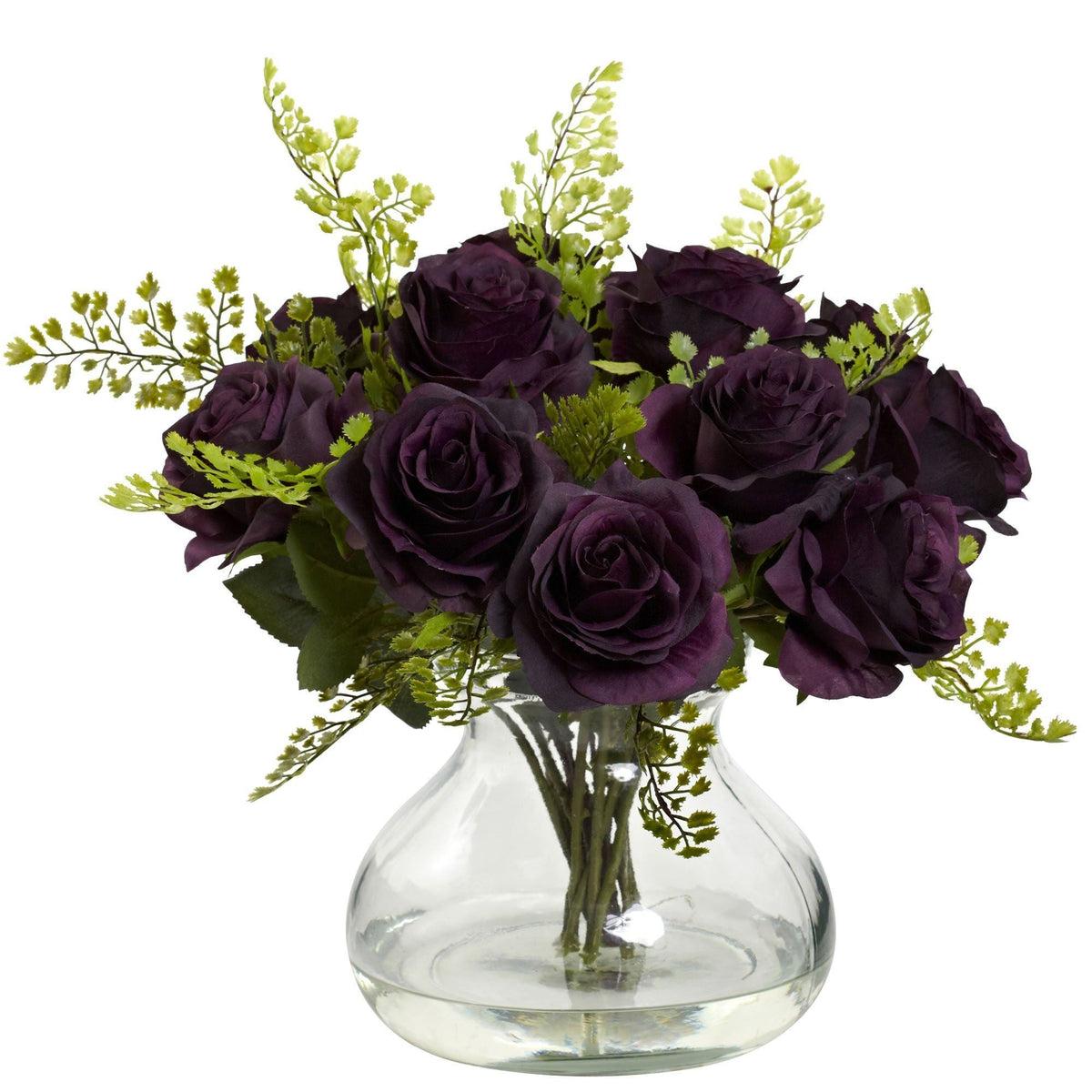 Rose & Maiden Hair Arrangement in clear vase with dark purple roses and lime foliage on Tampa Home & Garden Store