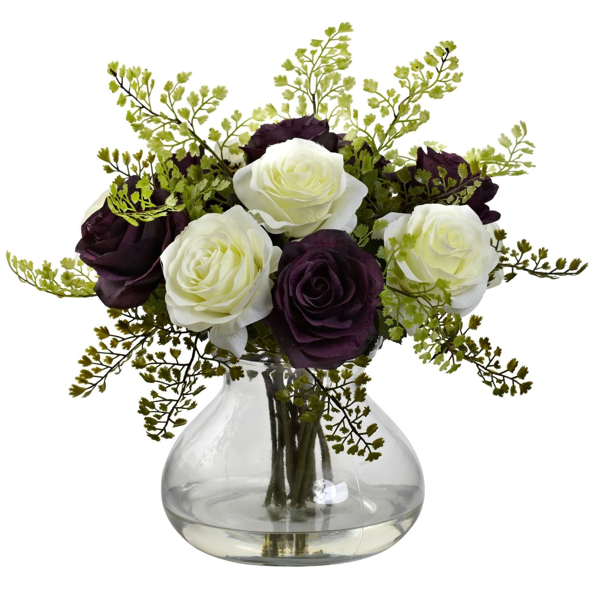 Rose & Maiden Hair Arrangement w/Vase Nearly Natural white and purple roses with fern on Tampa Home & Garden Store