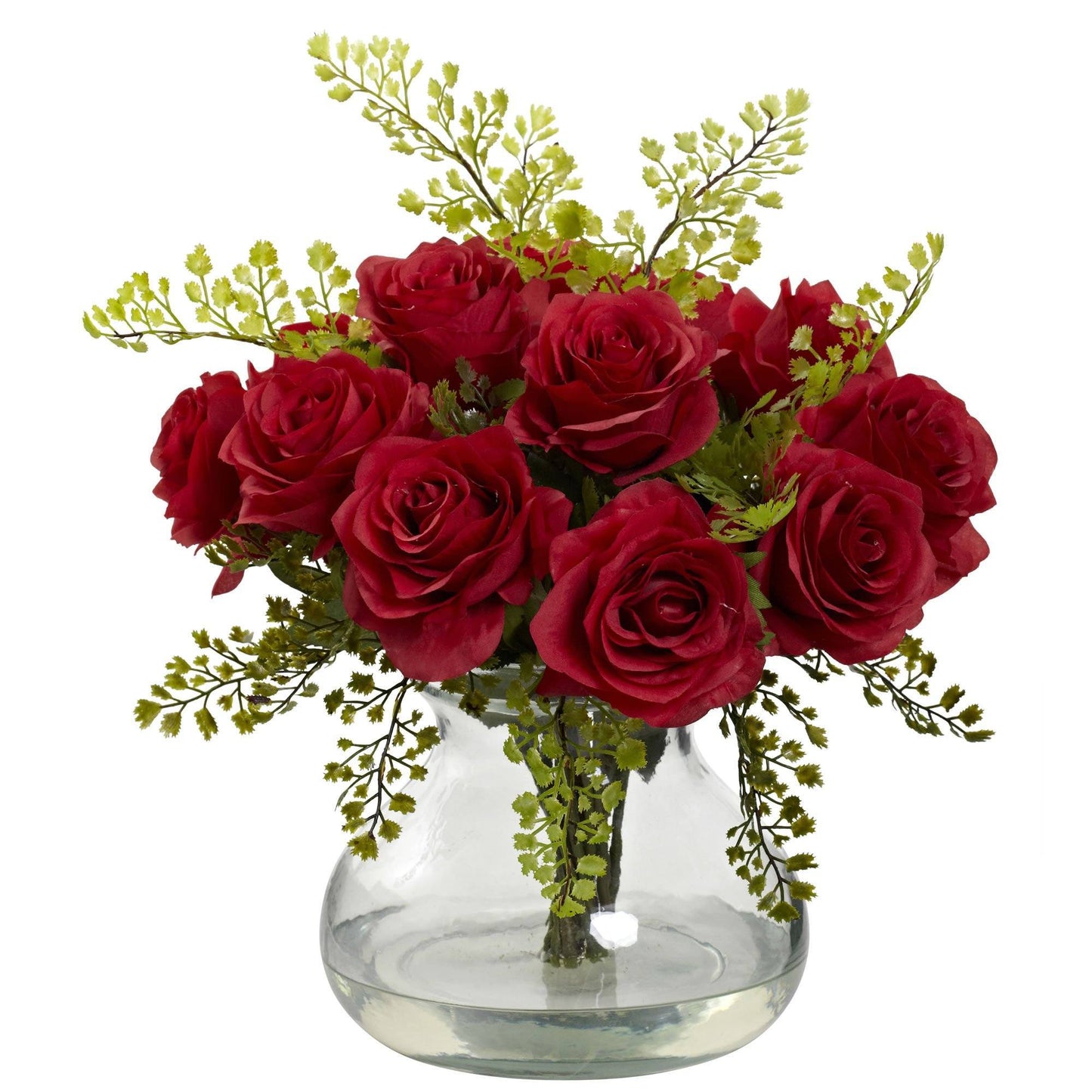 Rose & Maiden Hair Arrangement with Vase red roses and green filler Nearly Natural on Tampa Home & Garden Store