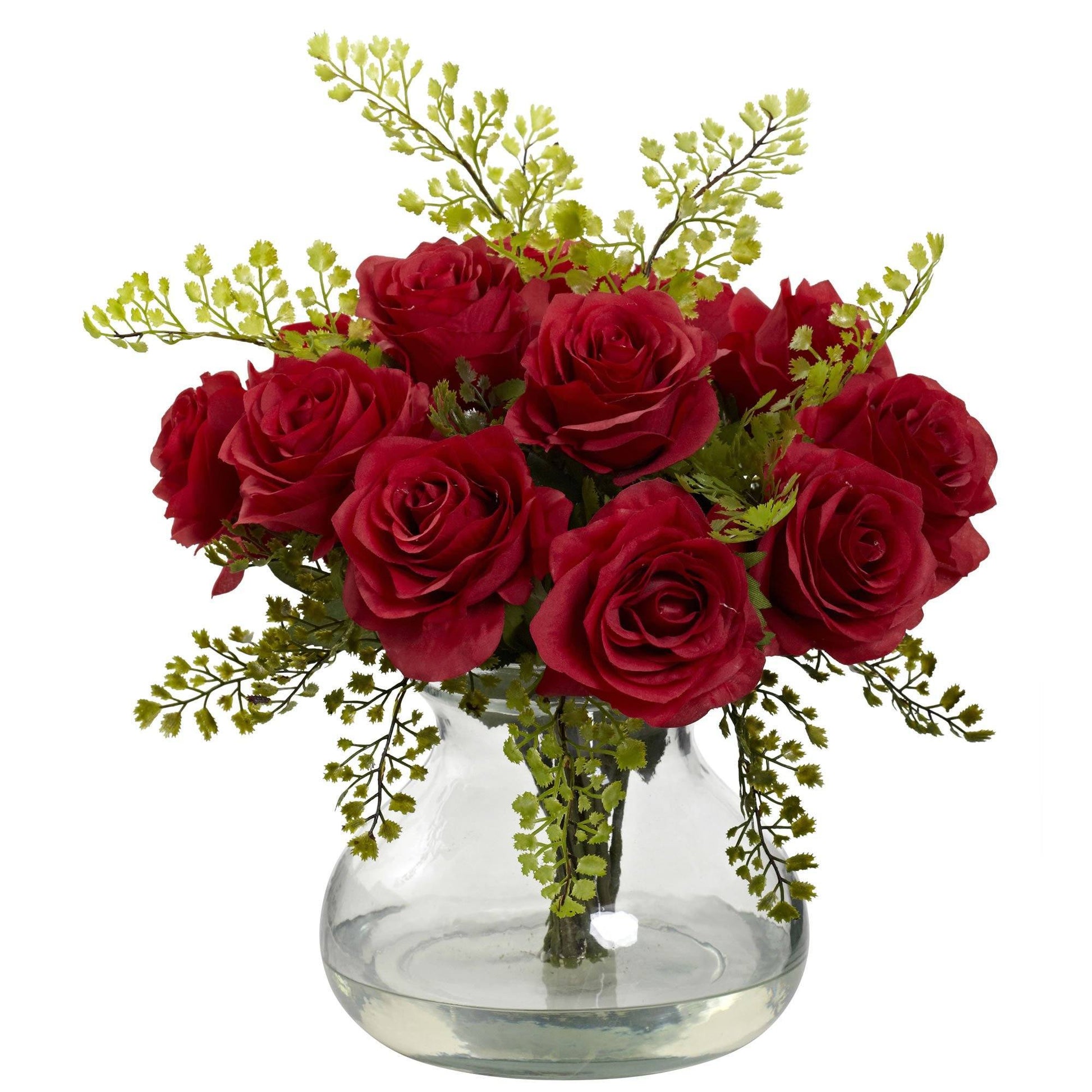 Rose & Maiden Hair Arrangement with Vase red roses and green filler Nearly Natural on Tampa Home & Garden Store