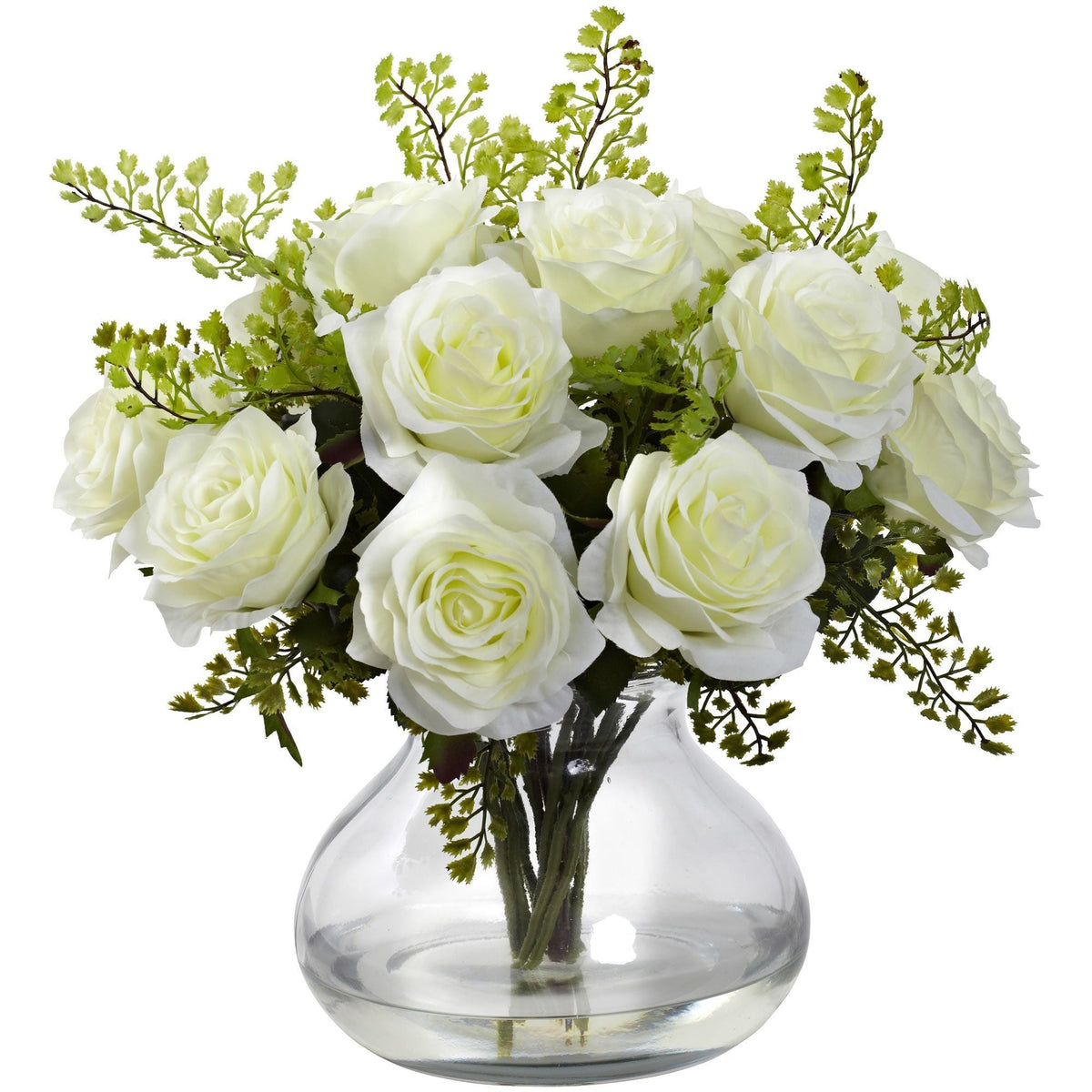 Rose & Maiden Hair Arrangement in Vase featuring white roses and green maidenhair fern Nearly Natural on Tampa Home & Garden Store