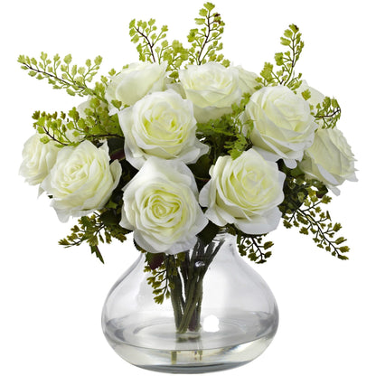 Rose & Maiden Hair Arrangement in Vase featuring white roses and green maidenhair fern Nearly Natural on Tampa Home & Garden Store