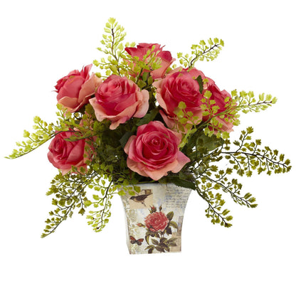 Rosa y Adiantum con Maceta Floral