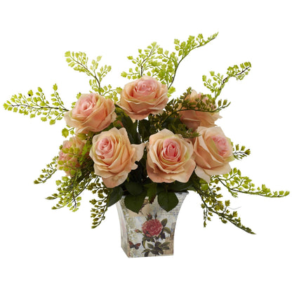 Rosa y Adiantum con Maceta Floral