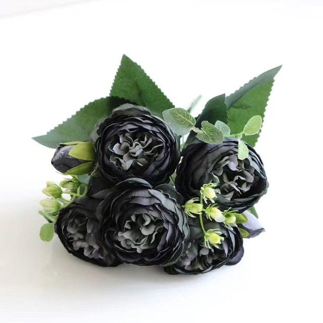 Stevvex artificial dark rose bouquet with 3 silk blooms and green leaves for home decor on Tampa Home & Garden Store