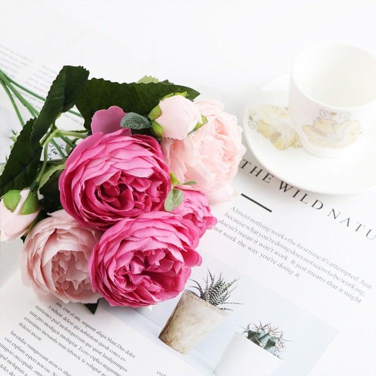 Artificial rose bouquet with pink silk peonies and green foliage by Stevvex on Tampa Home & Garden Store