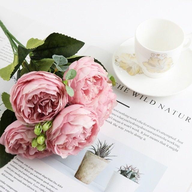Artificial silk rose bouquet with pink peony blooms and green leaves by Stevvex on Tampa Home & Garden Store