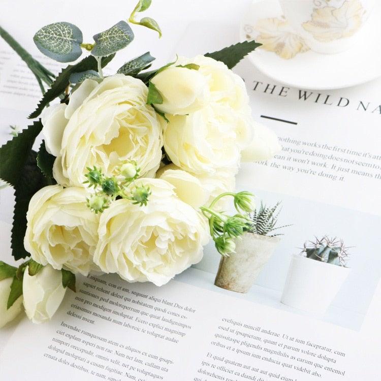 Stevvex artificial silk rose bouquet with cream peonies and green foliage on Tampa Home & Garden Store