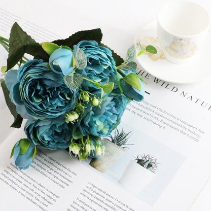 Stevvex silk flower bouquet with teal blue roses and peonies, green leaves on Tampa Home & Garden Store
