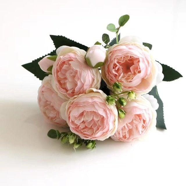 Stevvex artificial pink silk flower bouquet with greenery on Tampa Home & Garden Store