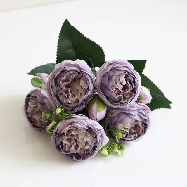 Silk peony bouquet by Stevvex, four lavender purple blooms with green leaves on Tampa Home & Garden Store